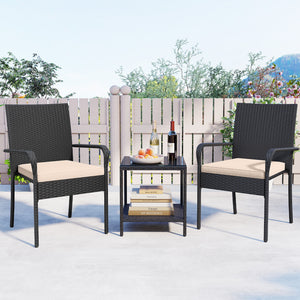 Crafted from appealing and long-lasting PE rattan<br>Comfortable to sit with ergonomic backrest and armrests<br>Soft seat cushions bring more coziness<br>Zippered cushion covers for simple maintenance<br>Side table with 2-tier design for more storage spac