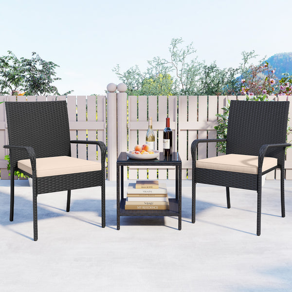 Crafted from appealing and long-lasting PE rattan<br>Comfortable to sit with ergonomic backrest and armrests<br>Soft seat cushions bring more coziness<br>Zippered cushion covers for simple maintenance<br>Side table with 2-tier design for more storage spac