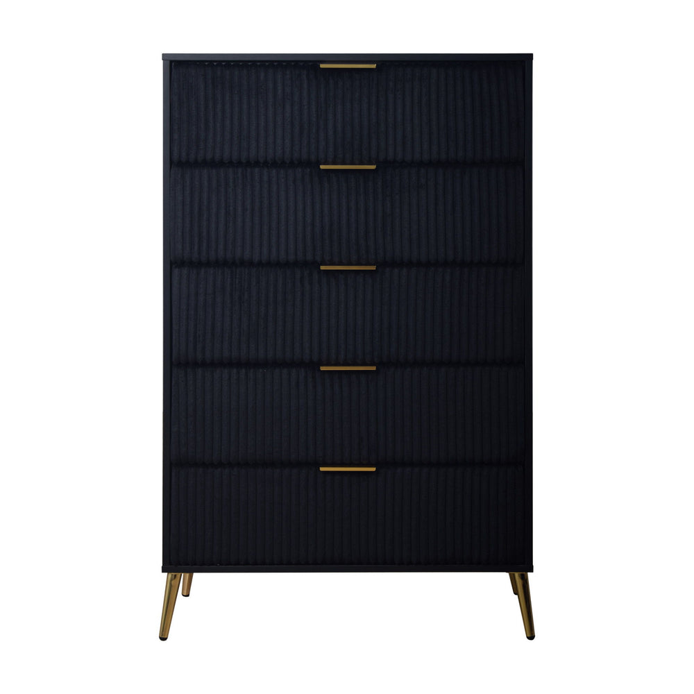 The Kailani 5 Drawer Chest in black seamlessly combines modern design, durability, and eco-friendly construction, making it an elegant and sustainable choice for any bedroom. Crafted from a blend of solid rubberwood, engineered wood, and eco-friendly deco
