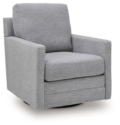 Your love for low-maintenance lounging can take an unexpected turn with this Next-Gen Nuvellaâ„¢ swivel accent chair. Upkeep is a breeze thanks to its stain-resistant performance fabric. The neutral pewter upholstery blends easily with your other decor, w