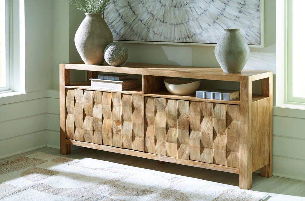 How many squares do you see? Theyâ€™re laid out in casually cool style on this accent cabinet. The block-patterned door fronts and natural brown finish add dimension and a laid-back aesthetic to your storage needs. Look behind the push magnet doors for tw