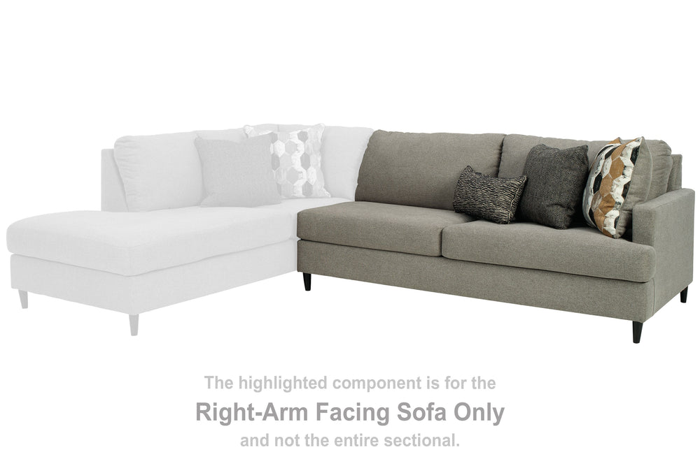 This right-arm facing sofa is made with polyester upholstery. Pairs with other items in the series to make a sectional.<br><br><b>Additional Dimensions</b><br><ul><li>Arm height: 26-"</li><li>Leg height: 4.5-"</li><li>Minimum width of doorway for delivery