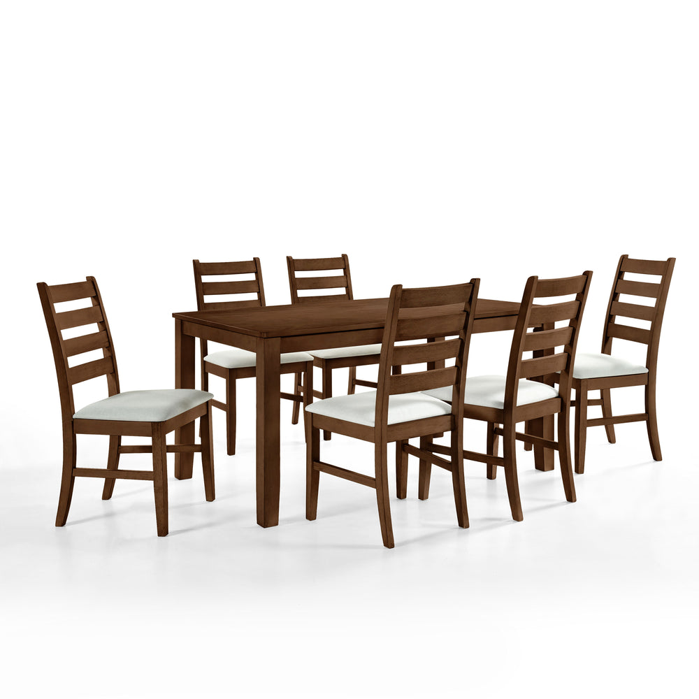 Experience the Pascal 7 Piece Dining Room Set in warm Walnut Brown, a perfect blend of style and functionality. This set includes a 59-inch long rectangular wood dining table and six matching chairs, all crafted from a combination of solid Rubberwood and 