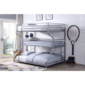 The Caius II bunk bed is the perfect addition to any childâ€™s room. With unique industrial style, this twin over full over queen metal bunk bed features an open design with a built-in ladders and easy access guardrails in a spectacular silver or gunmetal
