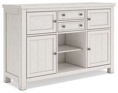 This dining server is sure to impress come mealtime. With its antiqued white finish and planked effect cabinet doors, farmhouse-style storage has never been so fashionable. All thatâ€™s missing is you and your family.<br><br><b>Additional Dimensions</b><b