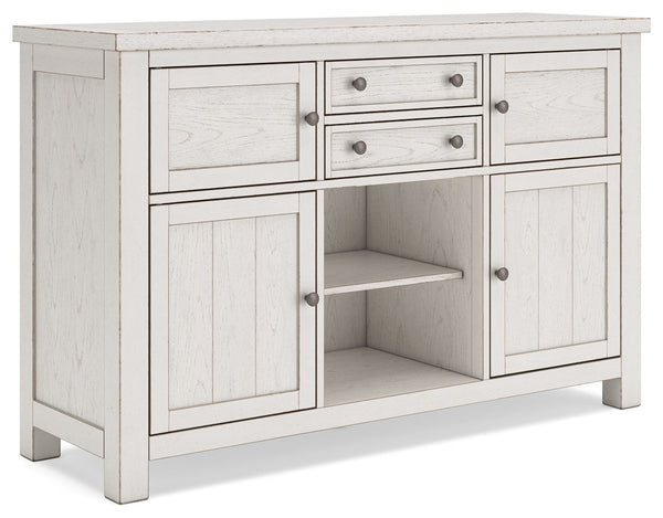 This dining server is sure to impress come mealtime. With its antiqued white finish and planked effect cabinet doors, farmhouse-style storage has never been so fashionable. All thatâ€™s missing is you and your family.<br><br><b>Additional Dimensions</b><b