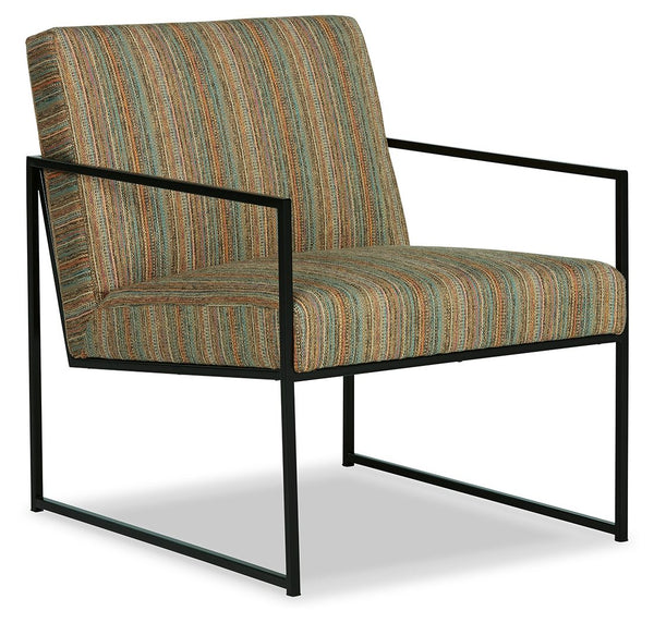 Dress up your reading nook or den with the decidedly contemporary stylings of this accent chair. Multicolored striped upholstery provides a pop of pattern while remaining reserved and refined in appearance. A streamlined metal frame polishes off the posh 