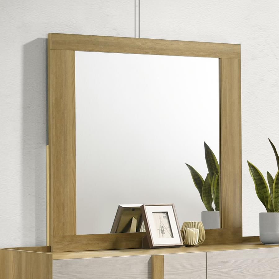 Complete your bedroom ensemble with this sophisticated dresser mirror, an essential companion to your stylish dresser. Inspired by modern Italian design, this mirror features a sleek frame crafted from durable, easy-care melamine, blending natural wood to