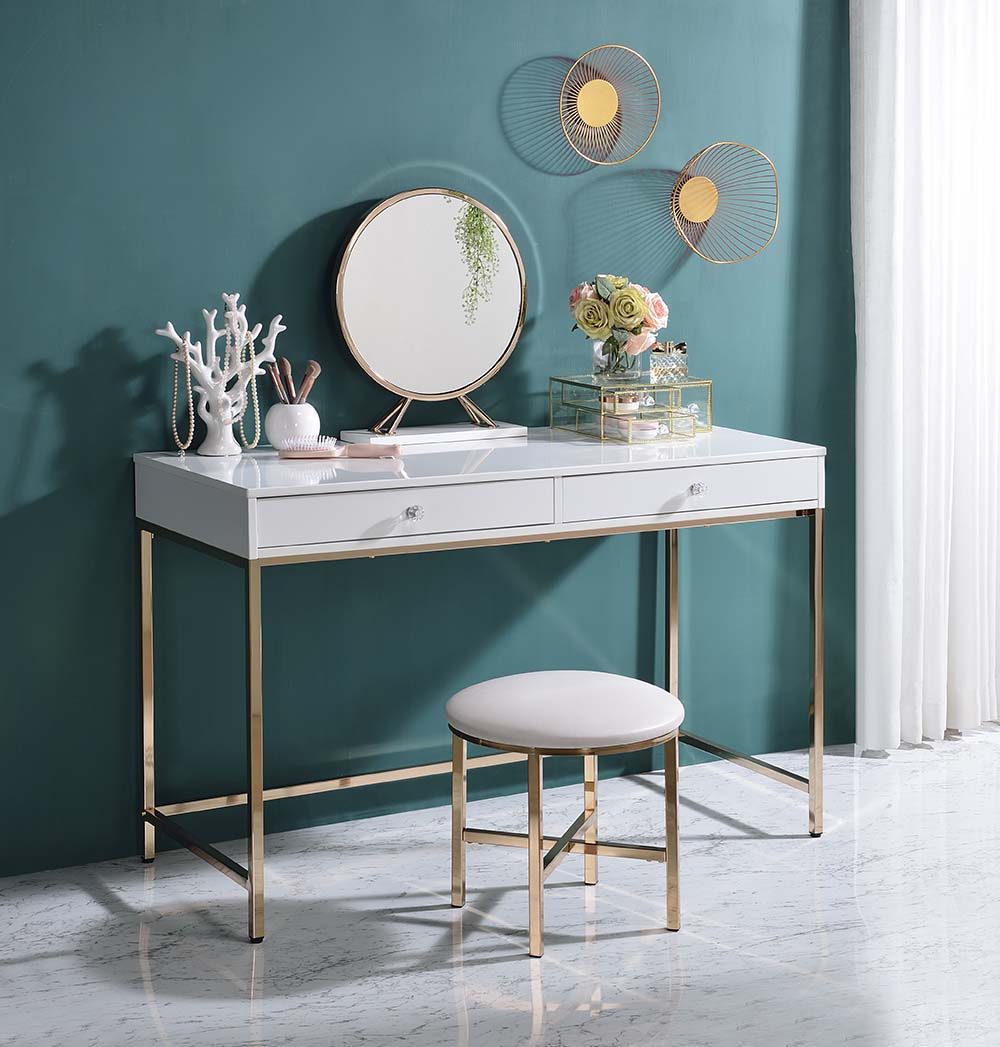 Motivation starts with a great office or study space. Enjoy the contemporary design of this Ottey office desk while getting all of your work done in style. Featuring white high gloss finish with a gold metal base, this practical yet fashionable desk offer