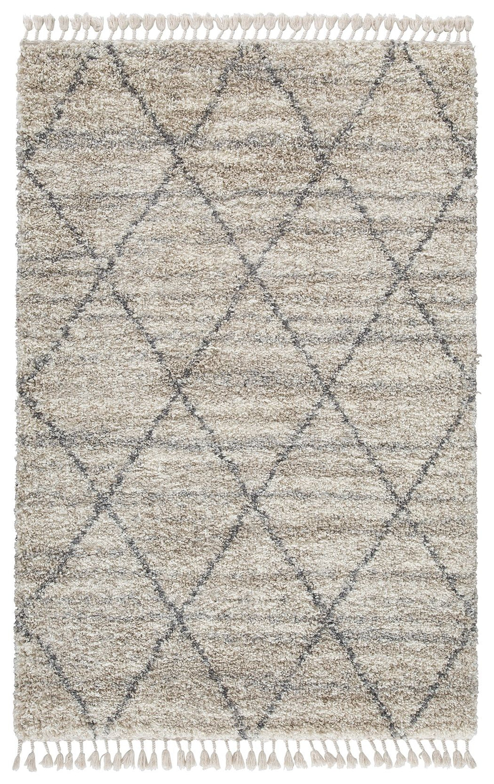 Shake up your style with woven shag. This area rug offers a deliciously comfortable underfoot experience. With a diamond design and braided tassel edge, this floor covering carries a variegated gate pattern in beige, white and shades of gray to elevate yo