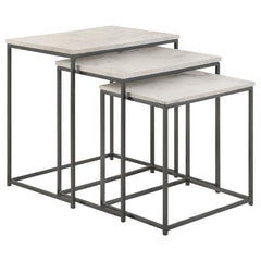 This nesting table set features genuine white marble tops and a sleek metal frame in a gunmetal powder-coated finish. Ideal for compact spaces, the tables stack neatly to save room, providing flexibility when extra surface area is needed. With slim legs a