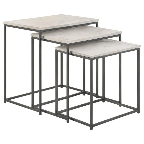 This nesting table set features genuine white marble tops and a sleek metal frame in a gunmetal powder-coated finish. Ideal for compact spaces, the tables stack neatly to save room, providing flexibility when extra surface area is needed. With slim legs a