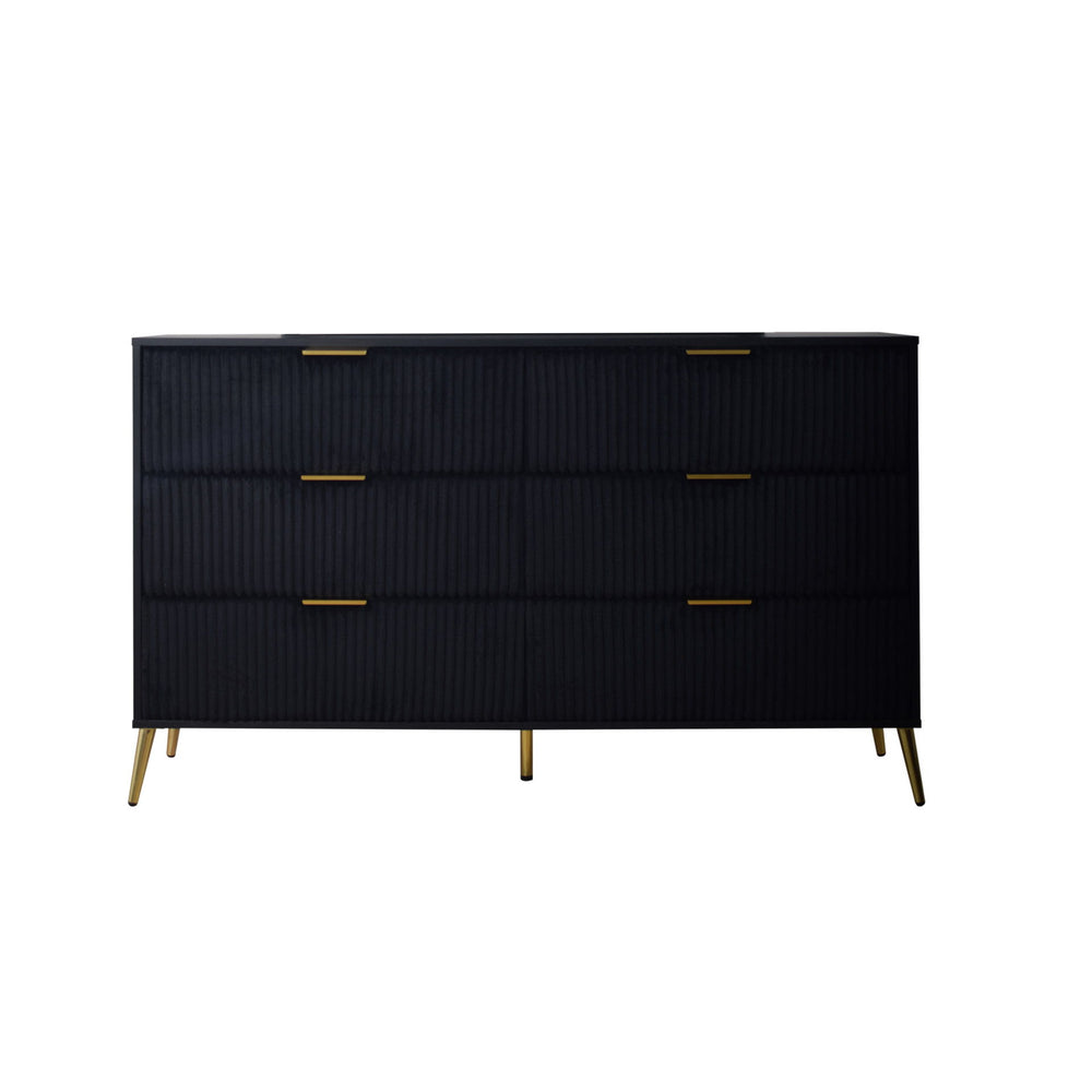The Kailani 6 Drawer Dresser in black combines modern design, durability, and eco-friendly craftsmanship, making it a stylish and sustainable choice for any bedroom. This dresser is expertly crafted from a blend of solid rubberwood, engineered wood, and e