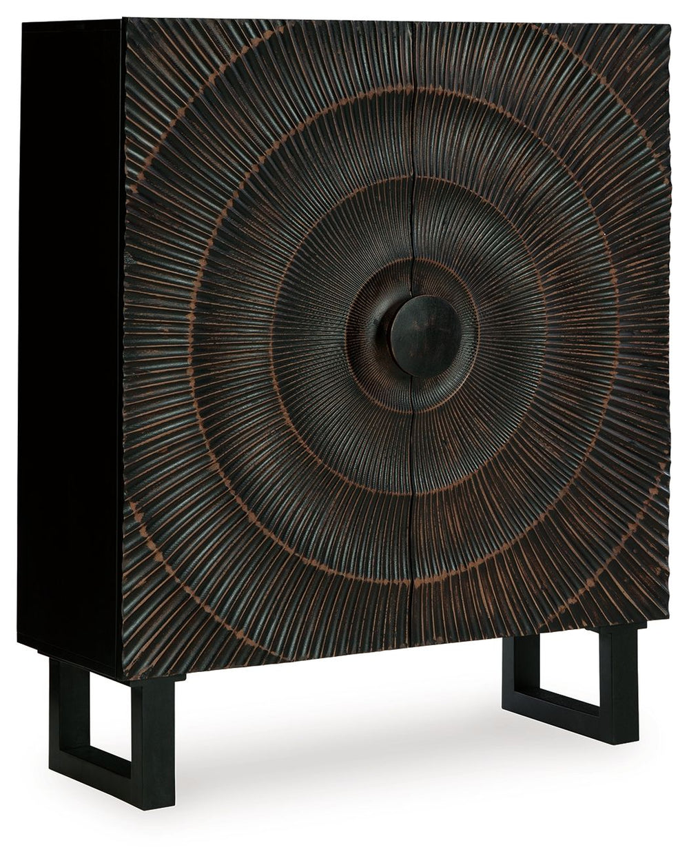 High style is on the rise with this wood accent cabinet. Its stunning doors, graced with a carved sunburst pattern and oversized wood pull, open to reveal two shelves. A distressed black finish adds contemporary flair. Whether this cabinet is accommodatin