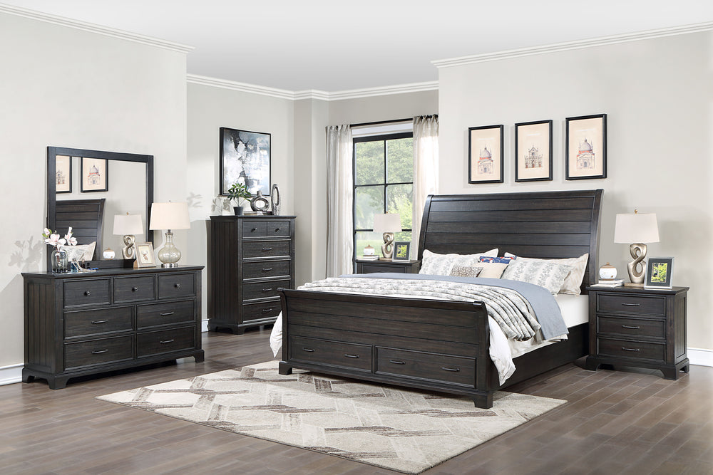 Transform your bedroom into a stylish and functional retreat with the Stafford County 6 Piece Wood Bedroom Set in walnut brown. This comprehensive set includes a sleigh platform bed with a storage base, a dresser, a mirror, a chest, and two nightstands, a