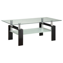 Enhance your living room with this sleek rectangular cocktail table, designed for style and functionality. It features a clear tempered glass top, complemented by a frosted tempered glass lower shelf for added storage or display. Supported by a sturdy met