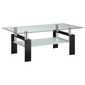 Enhance your living room with this sleek rectangular cocktail table, designed for style and functionality. It features a clear tempered glass top, complemented by a frosted tempered glass lower shelf for added storage or display. Supported by a sturdy met