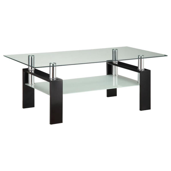 Enhance your living room with this sleek rectangular cocktail table, designed for style and functionality. It features a clear tempered glass top, complemented by a frosted tempered glass lower shelf for added storage or display. Supported by a sturdy met