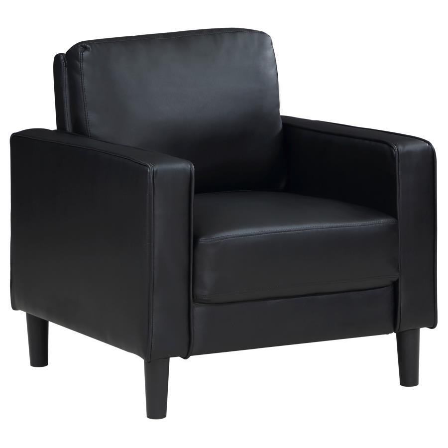 From your stylish home to a professional setting, this modern armchair is a chic choice. It features a structured silhouette with a compact footprint and straight track arms. Faux leather upholstery is smooth and sleek, offering a refined touch that can b