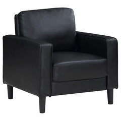 From your stylish home to a professional setting, this modern armchair is a chic choice. It features a structured silhouette with a compact footprint and straight track arms. Faux leather upholstery is smooth and sleek, offering a refined touch that can b