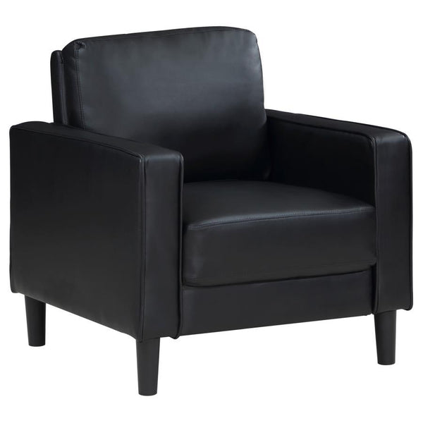 From your stylish home to a professional setting, this modern armchair is a chic choice. It features a structured silhouette with a compact footprint and straight track arms. Faux leather upholstery is smooth and sleek, offering a refined touch that can b