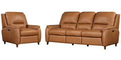 The Austin power reclining group is designed for ultimate comfort and convenience. It features independently operating power headrests and is upholstered in supple leather with a custom match. The modern high-leg design in a warm walnut finish gives it a 