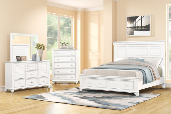 The Jamestown 4-Piece Wood Bedroom Set in White is a harmonious blend of style, durability, and practicality, perfect for transforming your bedroom into a serene retreat. This set includes a Panel Bed with a storage footboard, Dresser, Mirror, and Chest, 