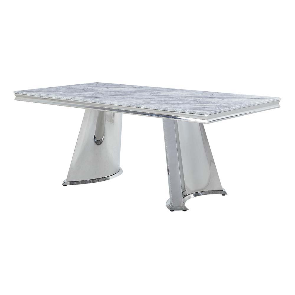 Flaunting a gorgeous and durable gray marble tabletop that will make your dinner spread stand out, the Destry dining table is great for creating an inviting and modern setting. The stainless steel frame reflects its surroundings and makes it appear as if 