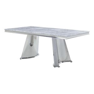 Flaunting a gorgeous and durable gray marble tabletop that will make your dinner spread stand out, the Destry dining table is great for creating an inviting and modern setting. The stainless steel frame reflects its surroundings and makes it appear as if 