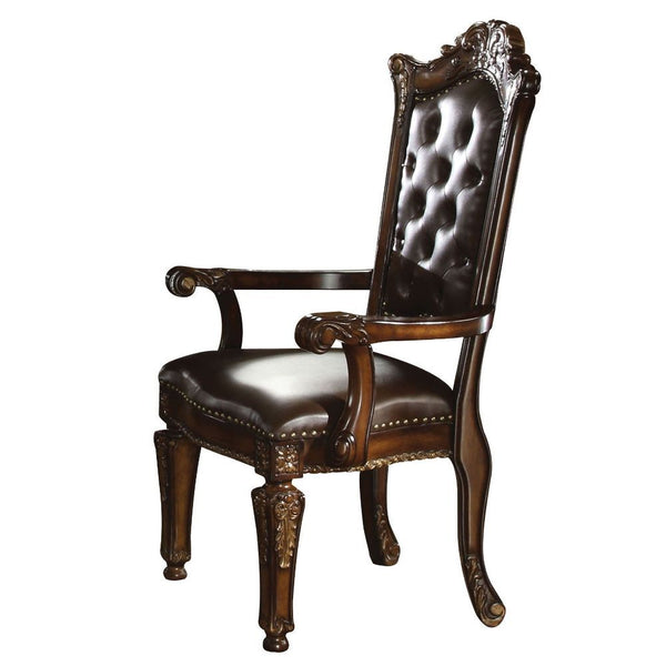 KD, Arm Chair Backrest: Button Tufted (Inside), Wood & Nailhead Trim Padded Seat: PU with Nailhead Trim Wooden Seat Apron with Molding Trim Wooden Tapered Leg: Floral Motif<br/><br/><b>Product Features</b><ul><li>Arm Chair</li><li>Padded Seat & Back Cushi