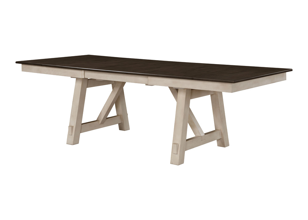 Create a warm and inviting dining space with this beautifully designed set that perfectly blends rustic charm with modern elegance. The two-tone finish features a striking dark tabletop with dual draw leaves contrasted with a soft, distressed base, adding