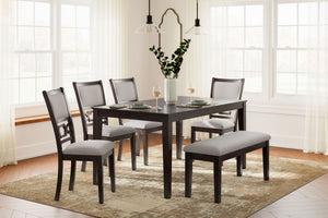  chairs and bench ensemble. Its clean-lined profile is enriched with a traditional cherry finish that merges with contr