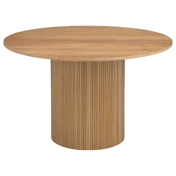 Revamp your kitchen or dining room with a stylish, light brown dining table. This modern round dining table, made from wood with an ash veneer in a natural finish, is a warm, unifying choice for a contemporary dining space. The round tabletop features a s