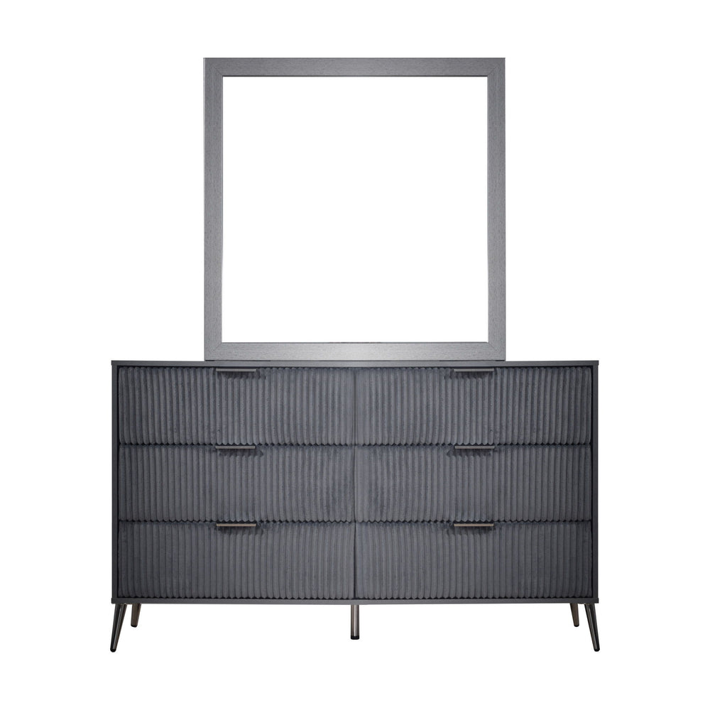 The Kailani Dresser Mirror in gray is a stylish and eco-friendly addition to any bedroom, expertly crafted from a blend of solid rubberwood, engineered wood, and eco-friendly decorative laminate. This construction ensures long-lasting style and sustainabi
