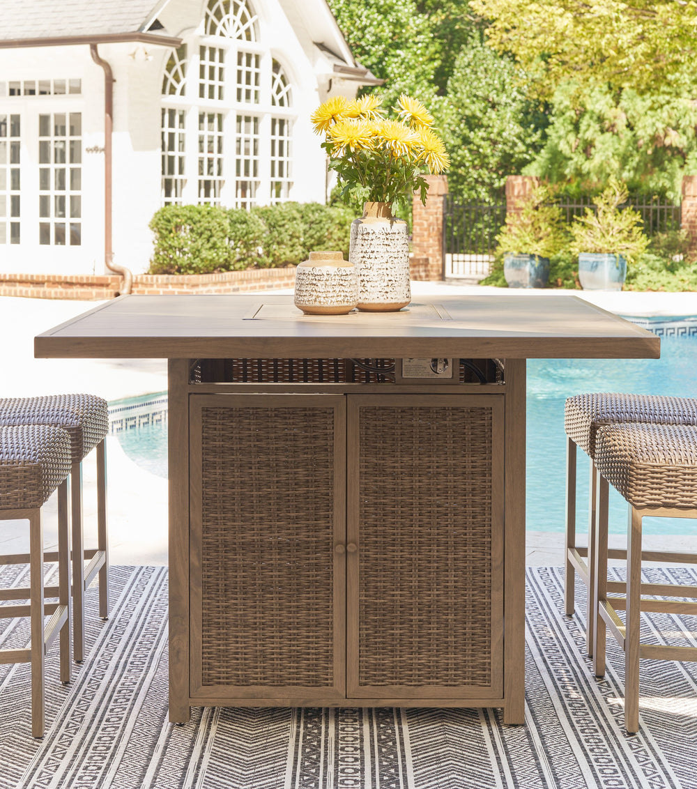 A perfect balance of design and utility, this bar table with fire pit turns any outdoor living space into your own piece of paradise. Crafted with easy-care resin wicker over an aluminum frame with the look of wood, it-'s the epitome of California dreamin