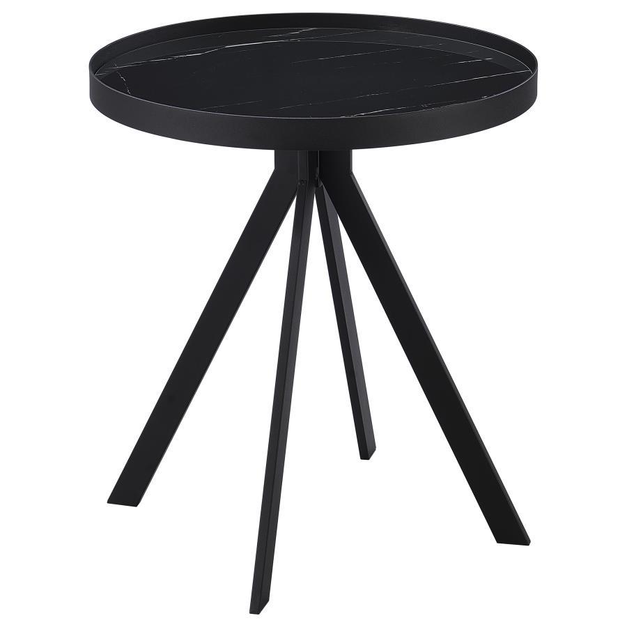 This modern round end table combines durability and elegance with its tempered glass top featuring a marble-patterned print. Supported by a sturdy four-legged metal frame, its minimalist design adds sophistication to any room. Perfect for use as an accent