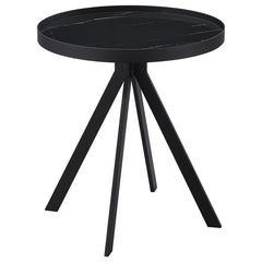 This modern round end table combines durability and elegance with its tempered glass top featuring a marble-patterned print. Supported by a sturdy four-legged metal frame, its minimalist design adds sophistication to any room. Perfect for use as an accent