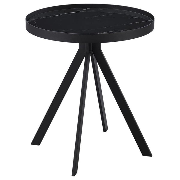 This modern round end table combines durability and elegance with its tempered glass top featuring a marble-patterned print. Supported by a sturdy four-legged metal frame, its minimalist design adds sophistication to any room. Perfect for use as an accent