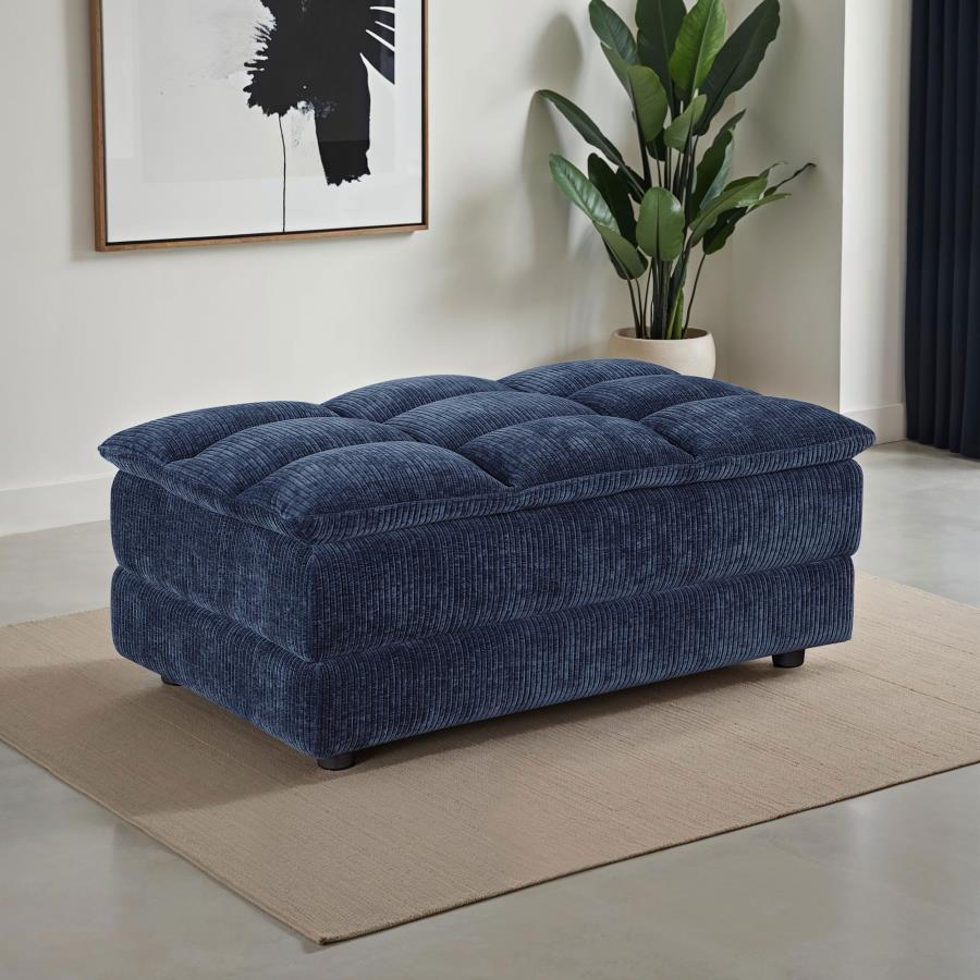 This elegant tufted ottoman is a versatile addition to your living space, offering both style and function. Upholstered in soft blue corduroy fabric with a pillow top grid-tufted design, it provides a pillow top comfortable surface for resting your feet, 