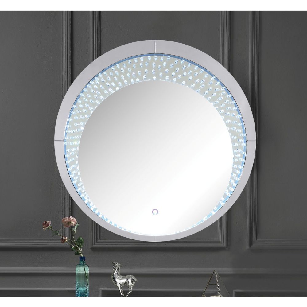 Assembled, Accent Wall Decor w/LED Light â€¢ Trim Frame: Beveled Mirrored Finish, MDF, Mirror Interior Size: 30-"Dia â€¢ Faux Crystals Inlays & 4mm Clear Glass â€¢ Back Panel: Black Finish â€¢ Shape: Round â€¢ Orientation: Portrait (Vertical)<br/><br/><b>