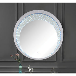 Assembled, Accent Wall Decor w/LED Light â€¢ Trim Frame: Beveled Mirrored Finish, MDF, Mirror Interior Size: 30-"Dia â€¢ Faux Crystals Inlays & 4mm Clear Glass â€¢ Back Panel: Black Finish â€¢ Shape: Round â€¢ Orientation: Portrait (Vertical)<br/><br/><b>