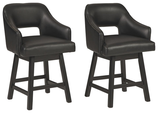 This striking barstool invites you to take contemporary modern style for a spin. Comfortably cushioned seat, self-returning swivel and contoured back make it beautifully in tune with your needs. Luxurious faux leather upholstery is a sensational touch.<br
