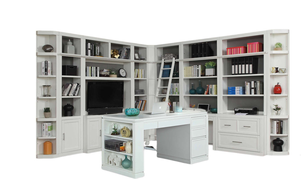 Creating the appearance of built-in cabinets is easier than ever with this ingenious modular wall and desk. Rearrange the modular pieces on the wall to create fresh new arrangements in your room. Whether the focus is entertaining or home office, this coll