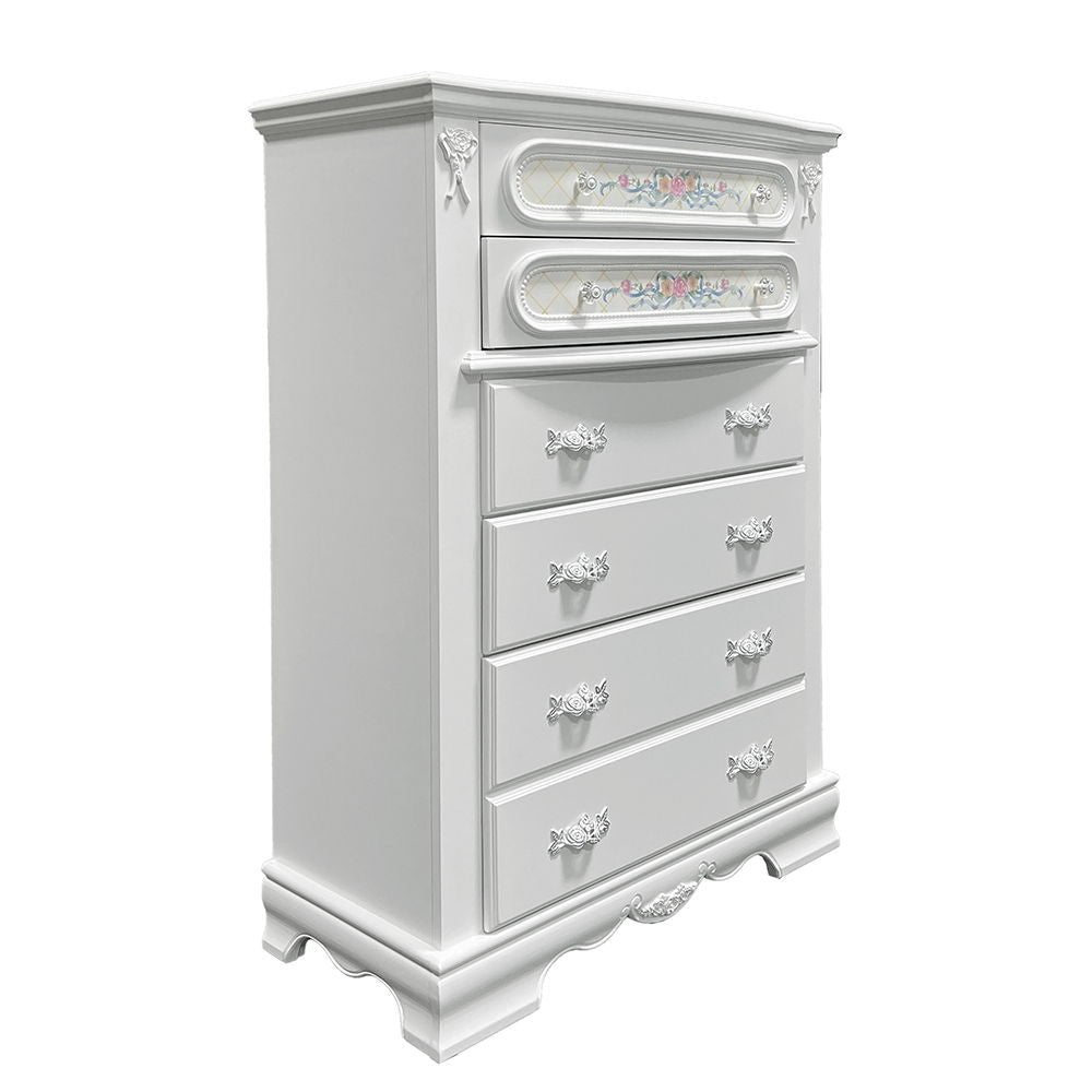 5 Drawers (Oversized Bottom Drawer with Double Handles) Drawer: Wooden Center Drawer Glide, Dovetail Included, Felt-Lined Top Drawer Hardware: Double Crystal like Knob (2 Top Drawer), Rossete Handle (3 Bottom Drawer) Wooden Construction Case-Frame: Bow To