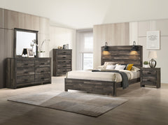 This bedroom set marries rustic appeal with contemporary lines, offering a cozy yet refined aesthetic to any modern home. The set features a generously sized bed with a broad, planked headboard with integrated sconces, creating an inviting ambiance. Flank