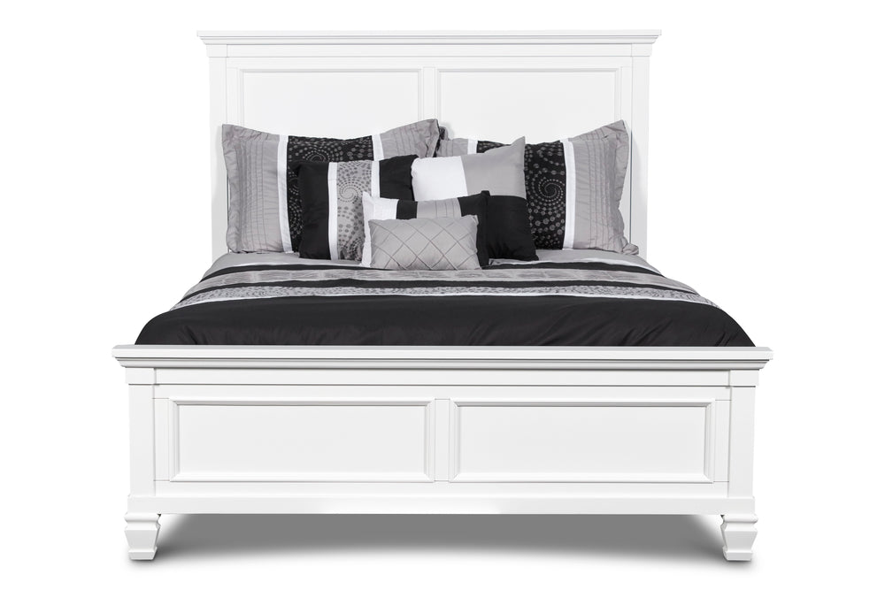 The Tamarack Wood Panel Bed in white is a true standout, showcasing durable construction with a blend of solid poplar, basswood veneers, and eco-friendly manufactured wood for unmatched strength and longevity. This bed-'-'s versatile transitional style ma