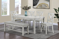 Brighten up your dining space with this charming and versatile dining group, designed to bring a fresh and inviting atmosphere to your home. The beautifully crafted table features a soft, distressed finish that exudes farmhouse elegance while maintaining 