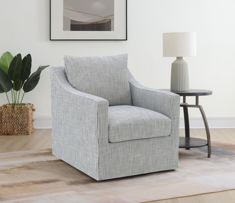 This swivel accent chair complements living room dÃ©cor with its neutral fabric and streamlined silhouette. Perfect as lounge seating or an occasional chair, it offers a gentle, 360-degree swivel for relaxed conversation or quiet reading. Its plush seat a