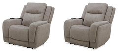Penfield offers a remote control for a zero-gravity recline, power headrest, lumbar support, and heat and massage features for added relaxation. Made from durable and soft 100% polyester fabric, the Penfield has stylish two-tiered track arms. With comfort