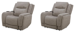 Penfield offers a remote control for a zero-gravity recline, power headrest, lumbar support, and heat and massage features for added relaxation. Made from durable and soft 100% polyester fabric, the Penfield has stylish two-tiered track arms. With comfort